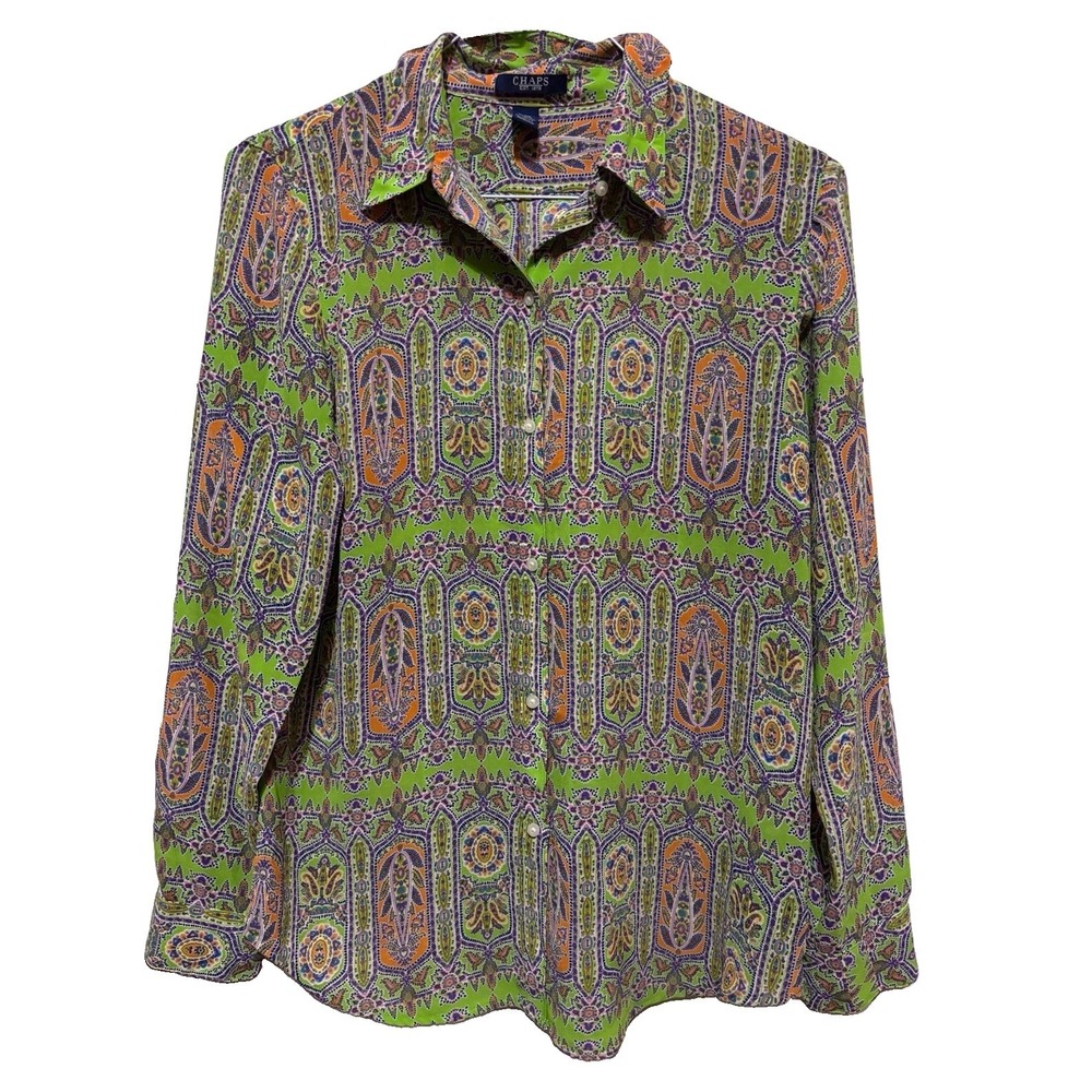 Chaps Mens Large Paisley Green Woven Point Collar Long Sleeve Button Up Shirt